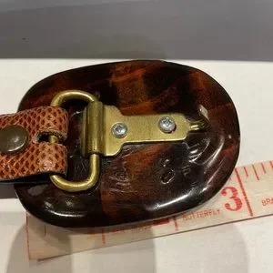 Jeff Deegan Brown Lizard Belt with Turquoise and Wood Buckle Vintage Jeff Deegan Brown Lizard Belt/ Turquoise & Wood Lacquered  main image 3